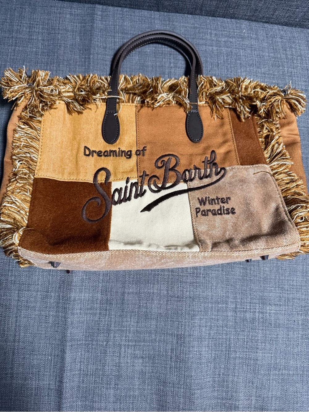 NWOT Saint Barts Patchwork Fringe Tote Bag in Brown and Tan